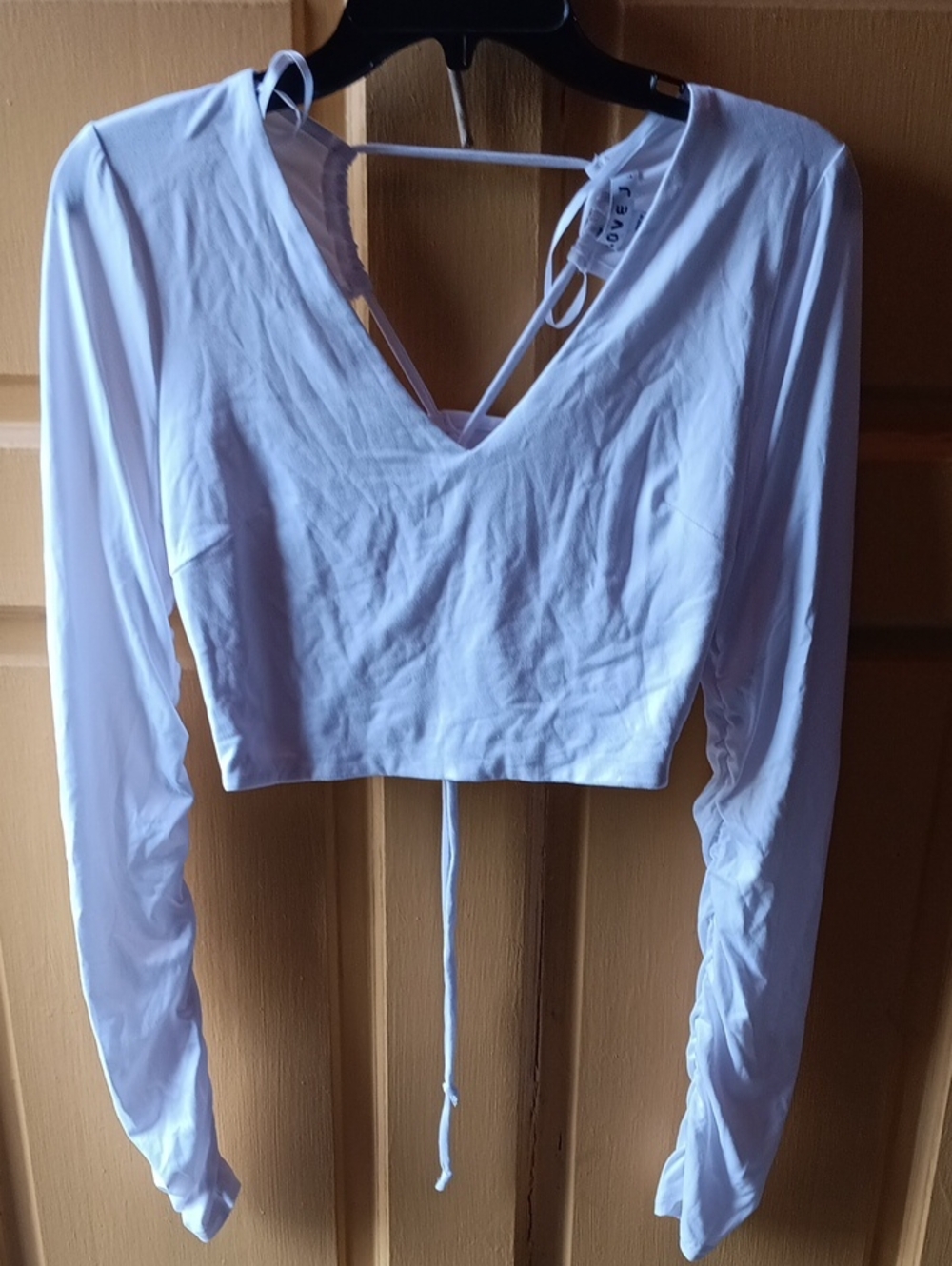White Long-Sleeve V-Neck Crop Top with Back Tie